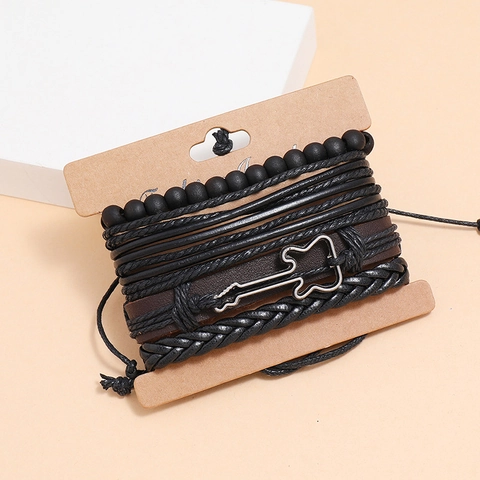 Multilayer Leather Braided Bracelet With Alloy Guitar Charm And Wood Beads Retro Punk Style Jewelry For Men Women