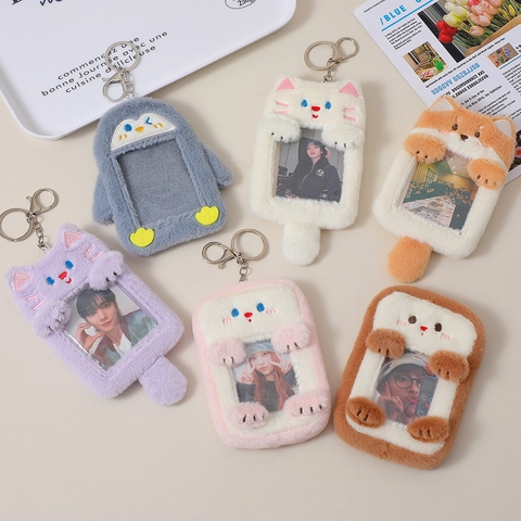 Plush Cartoon Animal Photocard Holder Keychain With Transparent Window For Idol Cards Kawaii Bag Pendant