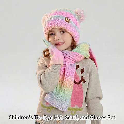 Gorro Bufanda Y Guantes De Punto De Invierno Para Niños Ombre Arcoíris Doble Pompon Orejas De Oso Beanie De Acrílico