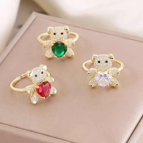Süßer Bär Herz Verstellbarer Offener Ring Kupfer Mikropavé Zirkon Kubischer Zirkonia Schmuck Geschenk Damen