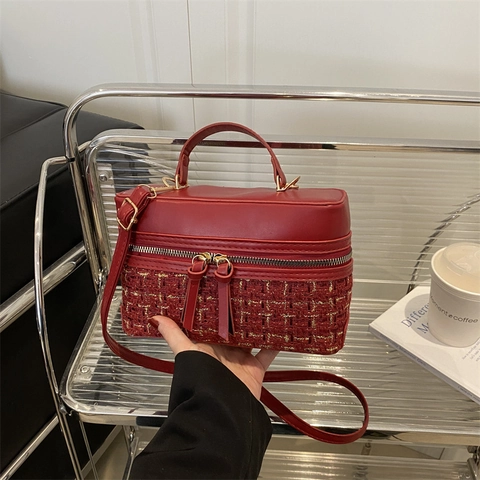 Vintage Tweed PU Leather Crossbody Bag Women Retro Colorblock Vanity Box Bag With Top Handle Gold Hardware