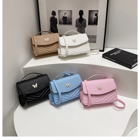 Sac à Bandoulière en Cuir PU pour Femme avec Boucle Papillon Matelassé en V Sac à Main à Rabat Mode Messager pour Dames Quotidien