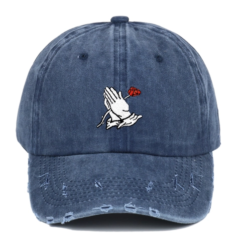 Distressed Baseball Cap Washed Cotton Tattered Holes Prayer Hands Rose Embroidery Retro Vintage Hip Hop Streetwear Hat