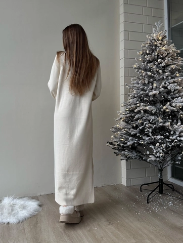 Dames Gebreide Midi Jurk Lange Mouwen Ronde Hals Katoenmix Split Losse Casual Winter Pullover