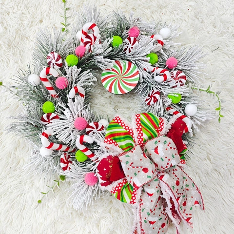 Weihnachtskranz Zuckerstangen Thema Beflockte Kiefernnadeln Künstliche Dekoration Große Schleife Haustür Ornament
