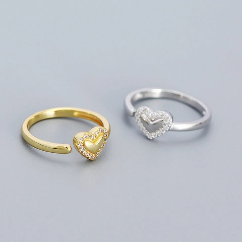 Anillo Abierto de Corazón de Plata de Ley 925 para Mujer Elegante Anillo de Corazón Con Strass Incrustado Ajustable Joyería Dulce