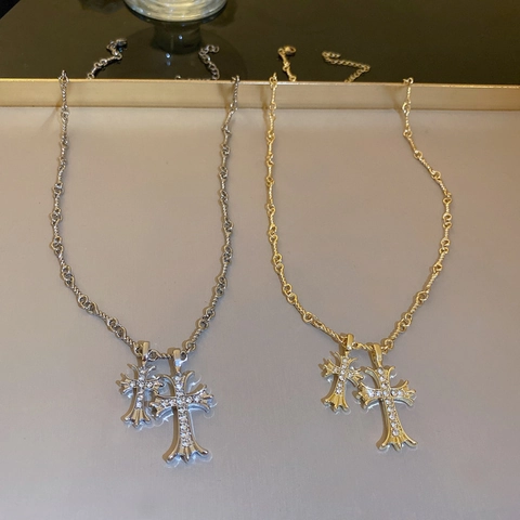 Cross Pendant Necklace Alloy Rhinestone Gold Plated Double Layer Gothic Elegant Jewelry For Women