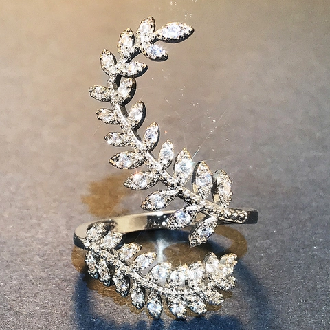 Elegant Leaf Shape Copper Ring With Cubic Zirconia Adjustable Open Wrap Finger Jewelry For Women Creative Gift