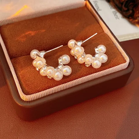 C-Shaped Artificial Pearl Rhinestone Hoop Earrings French Vintage Elegant Cluster For Women 925 Sterling Silver Earring Post