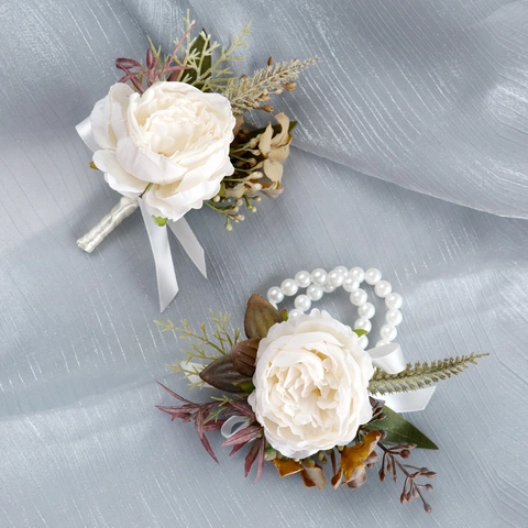 Ivory White Satin Rose Wedding Boutonniere And Wrist Corsage Set Faux Artificial Pearl Ribbon Groom Groomsmen Bridesmaid Decor