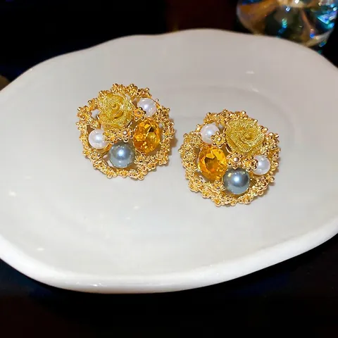Vintage Baroque Flower Stud Earrings With Silver Earring Post Alloy Amber Rhinestone Artificial Pearl Luxury Jewelry For Women