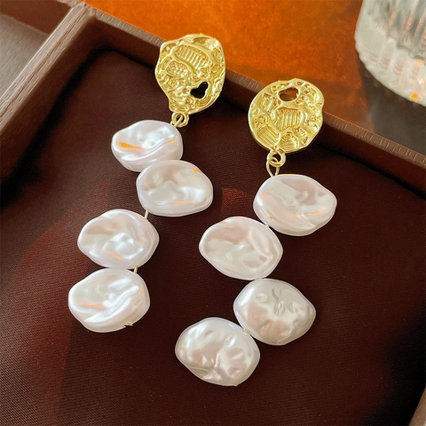 Baroque Imitation Artificial Pearl Drop Earrings Alloy Pleated Geometric Dangle Jewelry With 925 Sterling Silver Earring Post Women