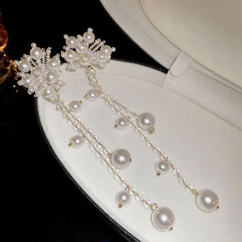 Pendientes De Borla Larga De Racimo De Flores De Perlas Artificiales De Imitación De Aleación Con Poste De Plata Cristal Joyería De Novia