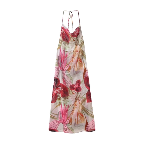 Maxikleid Mit Tropischem Blumenmuster Neckholder Rückenfrei V-Ausschnitt Sommerurlaub Ärmellos Polyester Gewebt