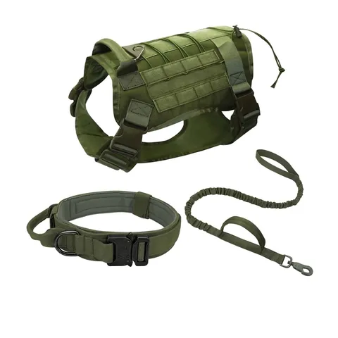 Tactical Dog Harness Vest Handle Breathable Nylon Training Collar And Bungee Leash MOLLE System Large Medium Dogs