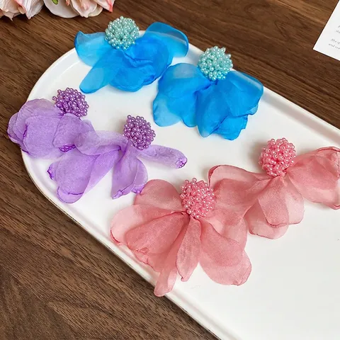 Pendientes Colgantes De Flores Románticos Pétalos De Organza Racimo De Cuentas Hecho A Mano Joyas Mujer Con Poste De Plata 925