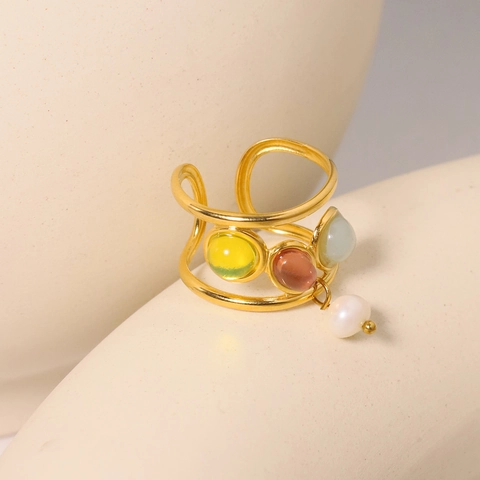 Stainless Steel Open Ring 18K Gold Plated Natural Artificial Pearl Multi-Color Oval Gemstone Adjustable Vintage Women