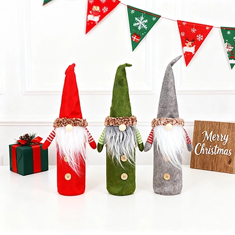 Weihnachts Weinflaschenhülle Zwerg Design Vliesstoff Kunstpelz Bart Holzknopf Gestreifte Arme Festliche Tischdekoration