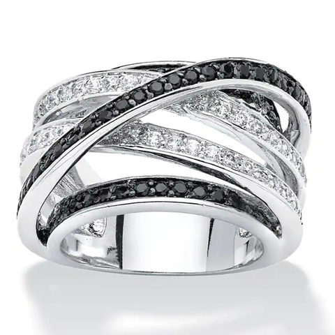 Anillo Cruzado Cobre Circonita Cúbica Multicapa Geométrico Blanco Negro Micro Pavé Joyería Para Mujer