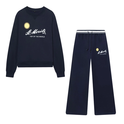 Damen Sweatshirt Und Weite Hose Baumwolle Polyester St Moritz Druck Rundhalsausschnitt Langarm Casual Streetwear