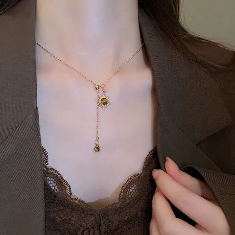 Vintage Sunburst Pendant Necklace With Tiger Eye Stone Copper Adjustable Y Lariat Clavicle Chain For Women