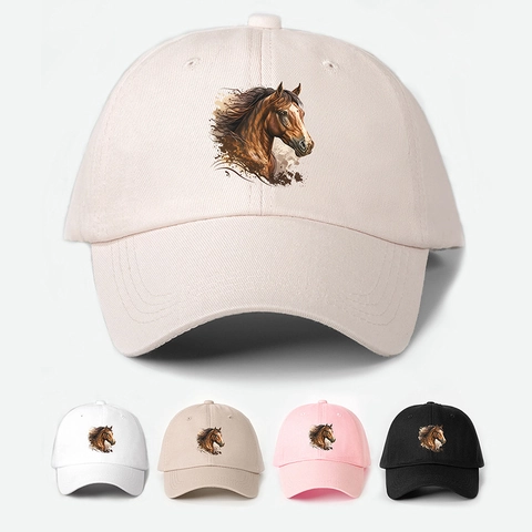 Casquette De Baseball Imprimé Tête De Cheval Polyester Réglable Visière Courbée Chapeau Protection Solaire
