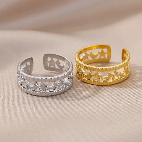 Edelstahl Hohl Stern Mond Offener Ring Für Damen Verstellbar Gold Silber Galvanisiert Himmlisch Schick Fingerring Schmuck Geschenk