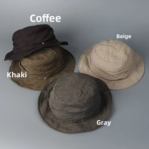 Women Men Distressed Linen Bucket Hat Foldable Sun Protection Wide Brim Mountaineering Hat Vintage Pleated Fisherman Hat