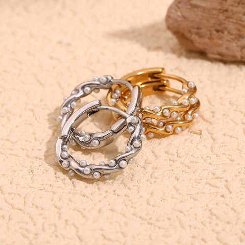 Orecchini A Cerchio Intrecciati Irregolari Acciaio Inossidabile Placcato Oro 18K Perla Artificial Texture Onda Retro Elegante Per Donne