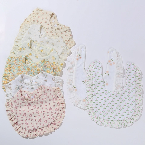 Baby Bibs Cotton Muslin Drool Towels Soft Breathable Waterproof Layer Ruffle Edge Snap Buttons Floral For Infants Toddlers