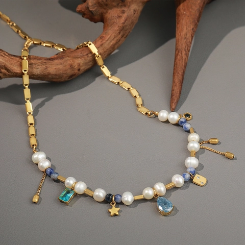 Vintage Freshwater Pearl Necklace Gold Plated Stainless Steel With Natural Stone Star Water Drop Pendant For Women
