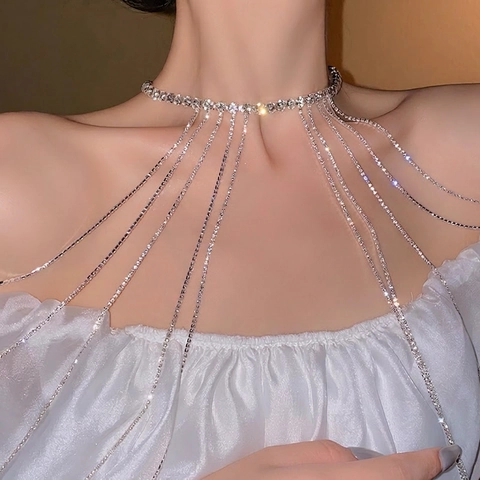 Glänzende Strass Lange Fransen Halskette Legierung Quaste Körperkette Für Frauen Abendparty Mode Schmuck