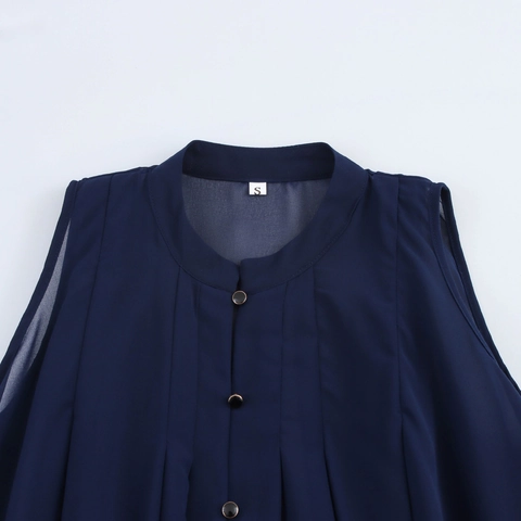 Blusa De Gasa Sin Mangas Para Mujer Elegante Plisada Cuello De Solapa Con Botones Color Sólido Oficina Casual Verano Top