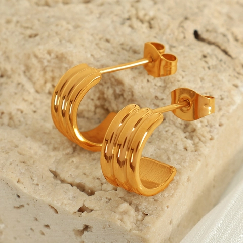 Stainless Steel C Shape Hoop Earrings Triple Ribbed Texture Minimalist Geometric Jewelry For Women