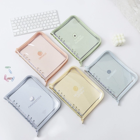Transparent Glitter PVC Loose Leaf Binder Cover Zippered Multi Hole Fruit Print Notebook Shell For Student Diary Organizer