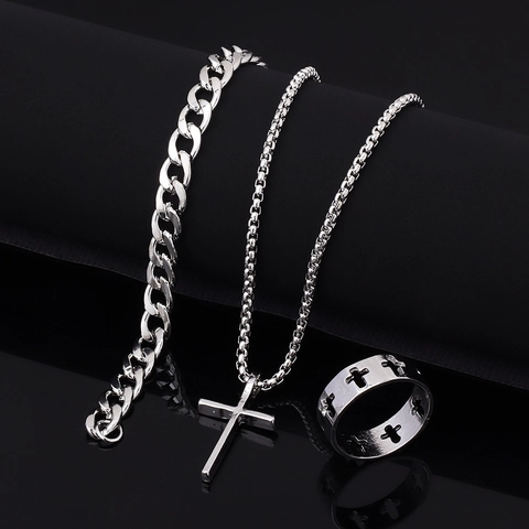 Hip Hop Alloy Titanium Steel Jewelry Including Cross Pendant Necklace Cuban Link Chain Bracelet And Patterned Band Ring