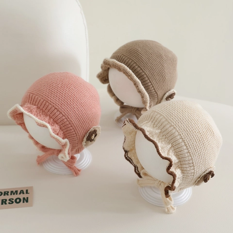 Baby Girl Knit Hat Winter Warm Ruffle Flower Crochet Bonnet With Tie Straps Princess Style Soft Infant Headwear