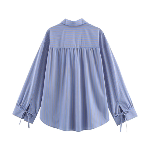 Striped Blouse Shirt Women Long Sleeve Bow Tie Neck Elegant Casual Polyester Loose Fit Button Up Top