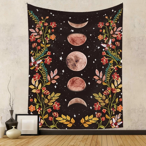 Moon Phase Wall Tapestry Polyester Botanical Floral Mystic Bohemian Home Decor Aesthetic Background Hanging Cloth
