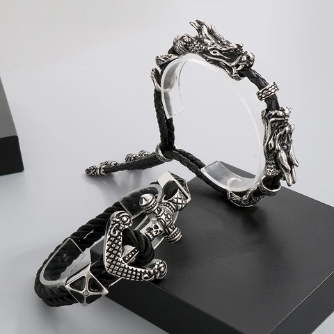 Drache Tiger Kopf Anker Herren Armband Geflochtenes Lederband Titanstahl Punk Retro Gothic Biker Schmuck Accessoire