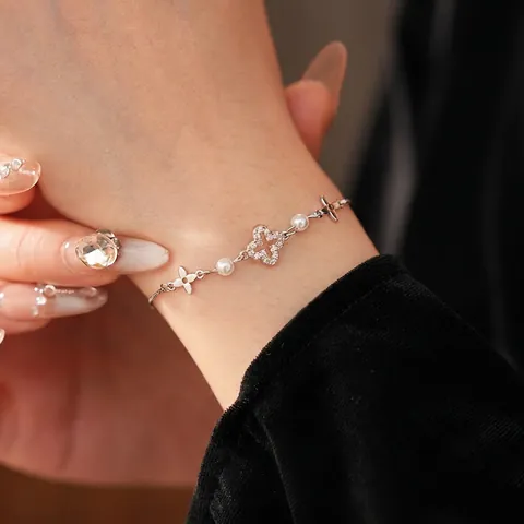 Pulsera De Trébol De Flores Ajustable Cobre Con Circonita Y Perla Artificial Joyería Elegante Para Mujer Cierre Deslizante Bolo