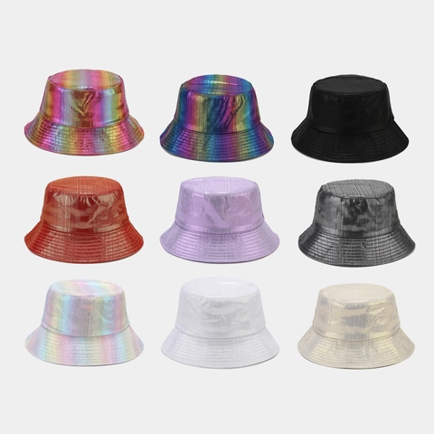 Cappello Alla Pescatora Metallico Laser Gradiente Arcobaleno Parasole Poliestere Moda Festa Per Uomini Donne