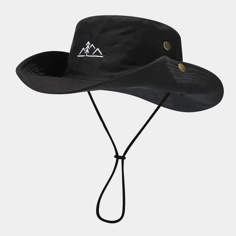 Cappello Da Sole All Aperto Ricamo Montagna Tesa Larga Cotone Poliestere Tela Antivento Corda Regolabile Escursionismo Pesca