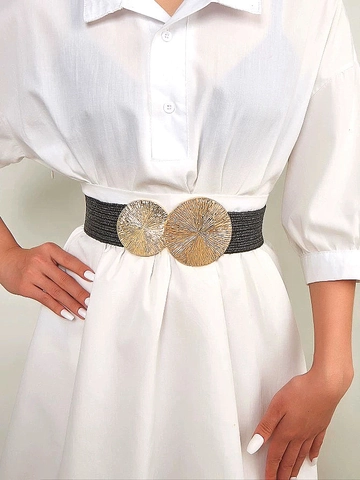 Women Woven Corset Belt Dual Gold Round Buckle Elastic Wide Waistband For Dresses Boho Elegant Fashion Accessory