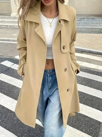 Damen Langer Trenchcoat Polyester Einreihig Mit Gürtel Taschen Revers Elegant Casual Outerwear Jacke