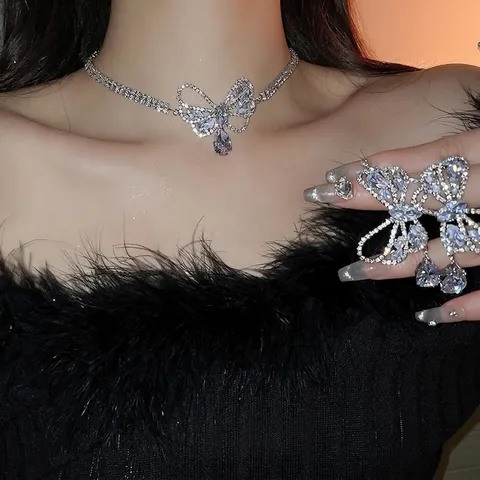 Zircon Bow Water Drop Jewelry Necklace And Earrings For Women Silver Tone Luxury Hollow Style With Silver Earring Post