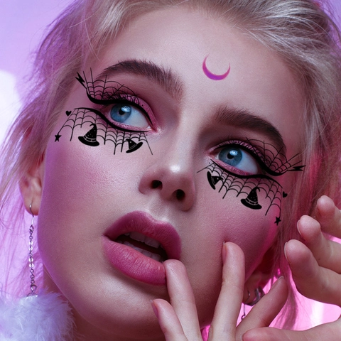 Halloween Noël Tatouage Autocollants Yeux Temporaire Maquillage Visage Imperméable Transfert D'eau Araignée Toile Chauve-souris