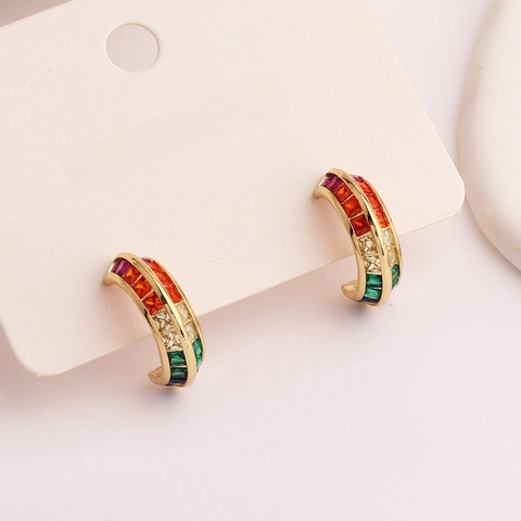 C Shaped Hoop Earrings Colorful Cubic Zirconia Micro Paved Rainbow Brass Jewelry For Women Fashion Niche Design
