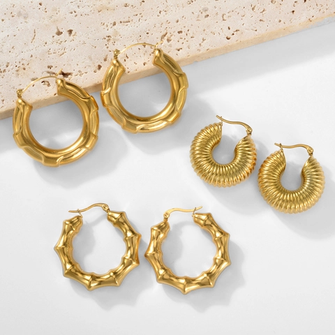 Orecchini A Cerchio In Acciaio Inossidabile Placcato Oro 18K Geometrici Texturizzati Stile Retrò Per Donne
