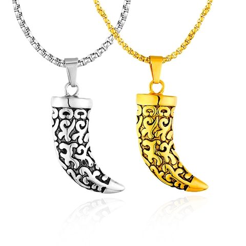 Collana con Ciondolo a Dente di Lupo in Acciaio al Titanio Retrò per Uomo Ciondolo a Corno Intagliato Gotico Gioielli Tribal Punk Regalo